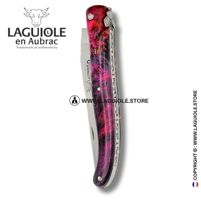 purple shell: laguiole knife in elder burl – carved bee with open wings –– full handle