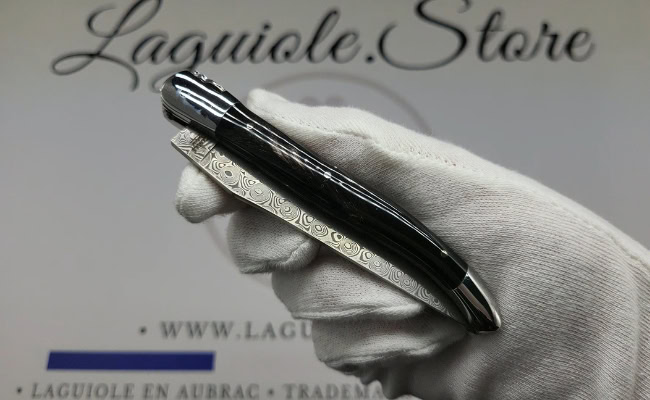laguiole pocket knife – damascus balbach blade & double liners – buffalo horn