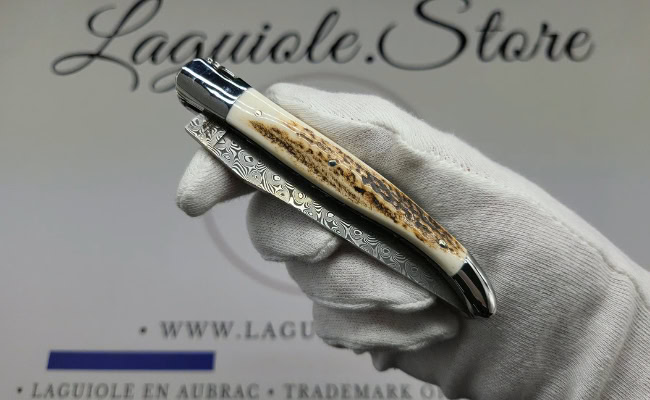 laguiole pocket knife – damascus balbach blade & double liners – deer horn