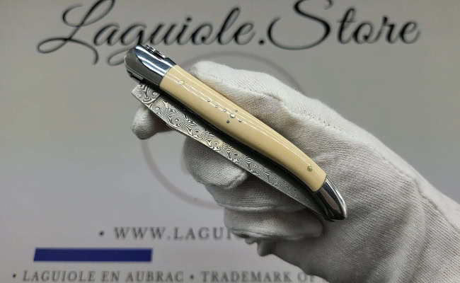 laguiole pocket knife – damascus balbach blade & double liners – mammoth ivory