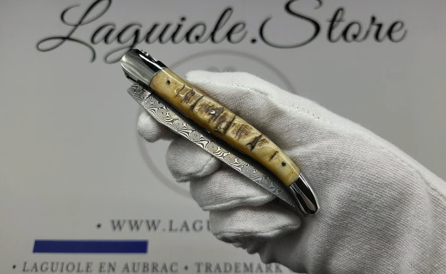laguiole pocket knife – damascus balbach blade & double liners – ram horn