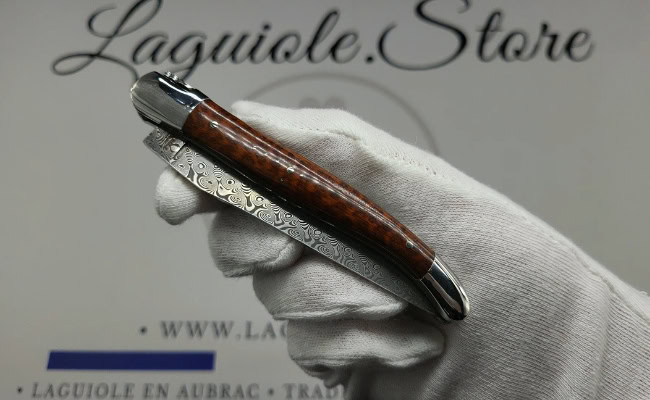 laguiole pocket knife – damascus balbach blade & double liners – snakewood