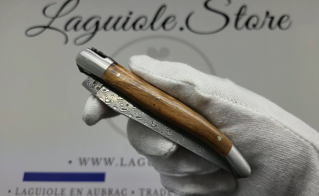 laguiole pocket knife – damascus balbach blade & double liners – vine stock wood