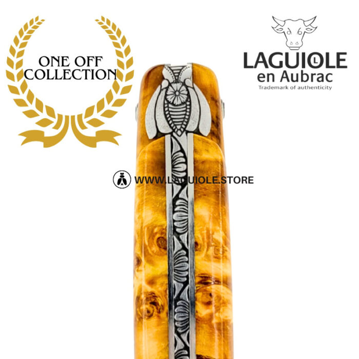 dharma bee: laguiole knife in figured brown yellow poplar – sculpted bee and lotus spring – full handle