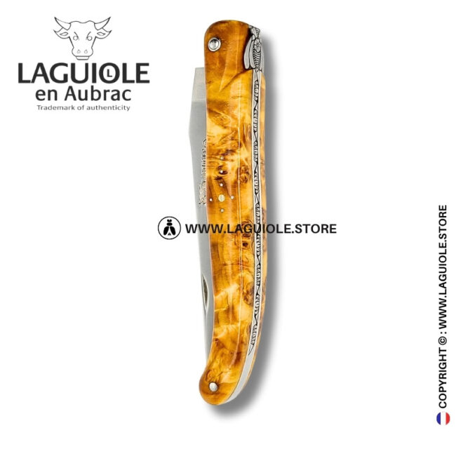 dharma bee: laguiole knife in figured brown yellow poplar – sculpted bee and lotus spring – full handle