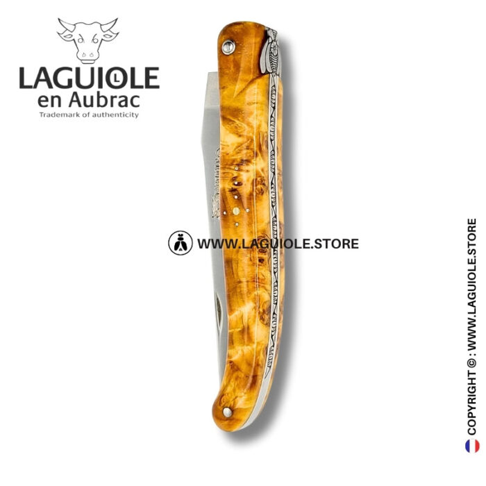 dharma bee: laguiole knife in figured brown yellow poplar – sculpted bee and lotus spring – full handle