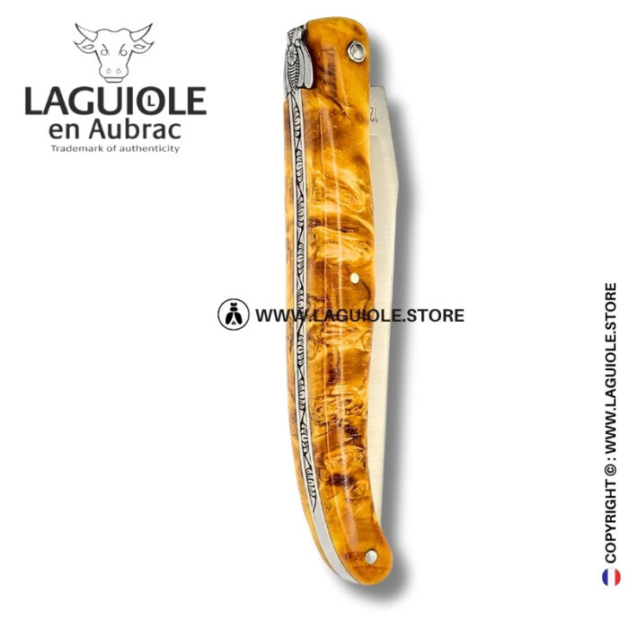 dharma bee: laguiole knife in figured brown yellow poplar – sculpted bee and lotus spring – full handle