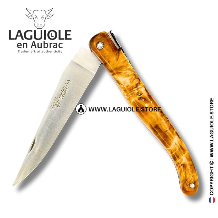 dharma bee: laguiole knife in figured brown yellow poplar – sculpted bee and lotus spring – full handle