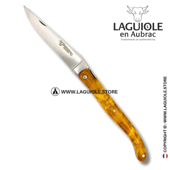 dharma bee: laguiole knife in figured brown yellow poplar – sculpted bee and lotus spring – full handle