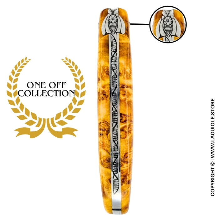 dharma bee: laguiole knife in figured brown yellow poplar – sculpted bee and lotus spring – full handle