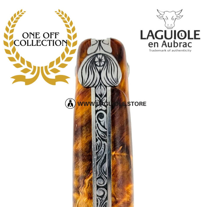floral bee: laguiole knife in figured dark poplar bee and chiseled spring full handle