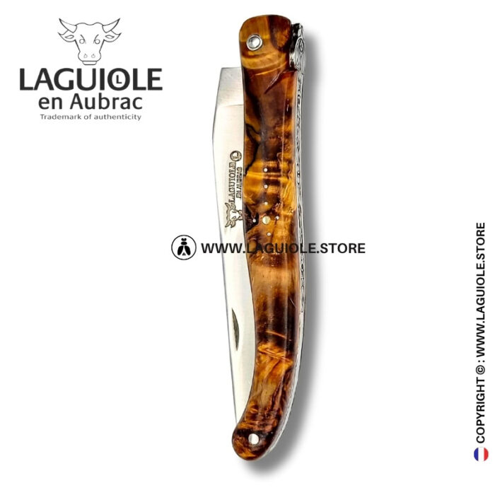 floral bee: laguiole knife in figured dark poplar bee and chiseled spring full handle
