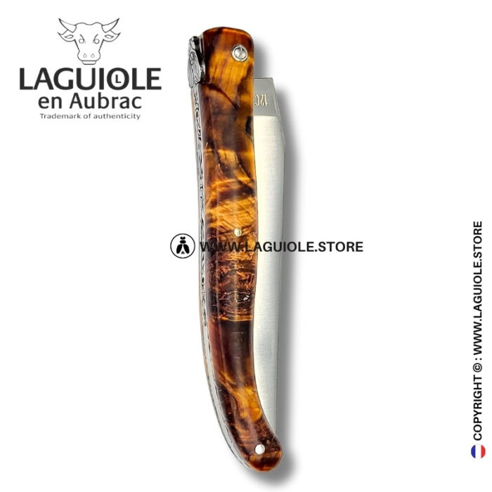 floral bee: laguiole knife in figured dark poplar bee and chiseled spring full handle