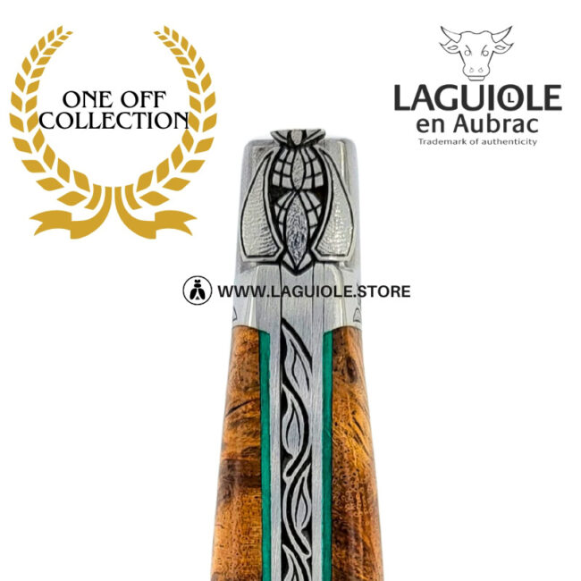 lotus breath: laguiole pocket knife in albizia – hand engraved bee and bolsters