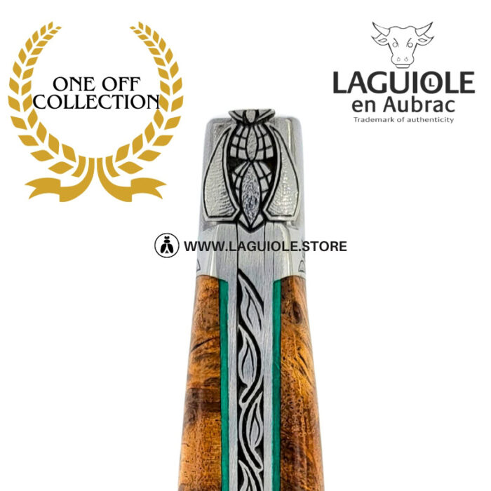 lotus breath: laguiole pocket knife in albizia – hand engraved bee and bolsters