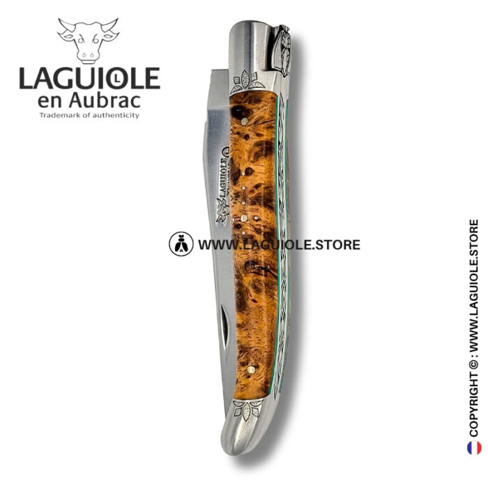 lotus breath: laguiole pocket knife in albizia – hand engraved bee and bolsters
