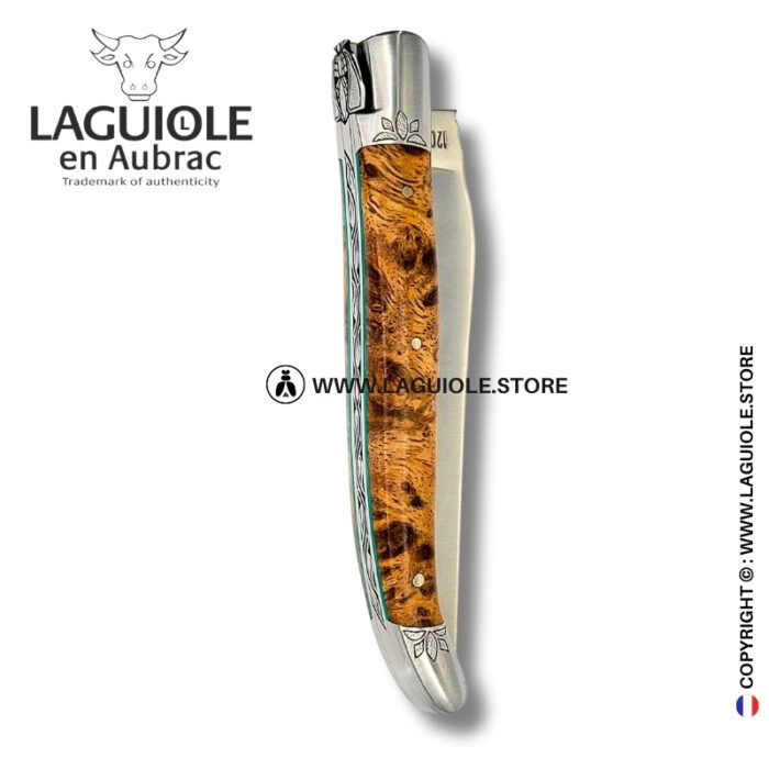lotus breath: laguiole pocket knife in albizia – hand engraved bee and bolsters