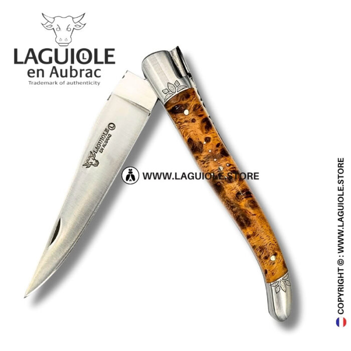 lotus breath: laguiole pocket knife in albizia – hand engraved bee and bolsters