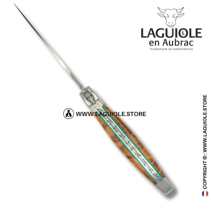 lotus breath: laguiole pocket knife in albizia – hand engraved bee and bolsters