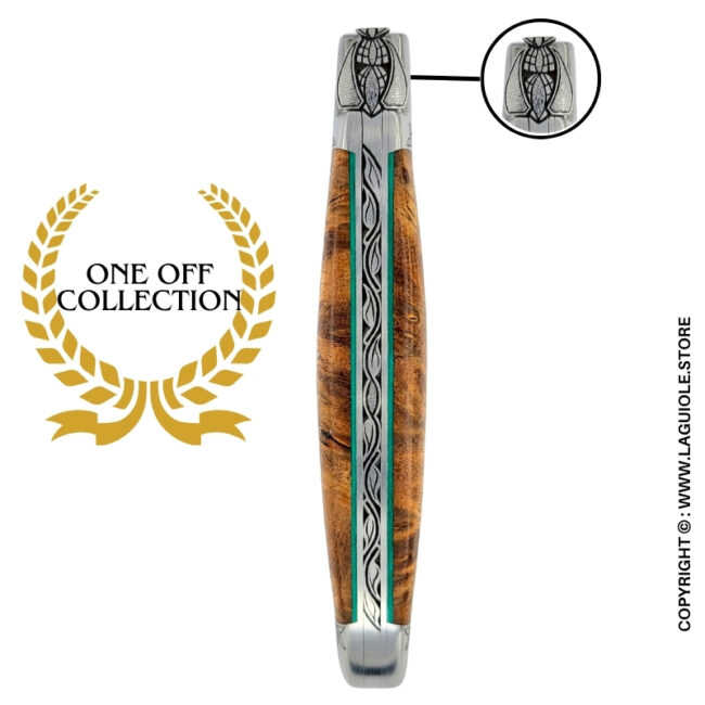 lotus breath: laguiole pocket knife in albizia – hand engraved bee and bolsters