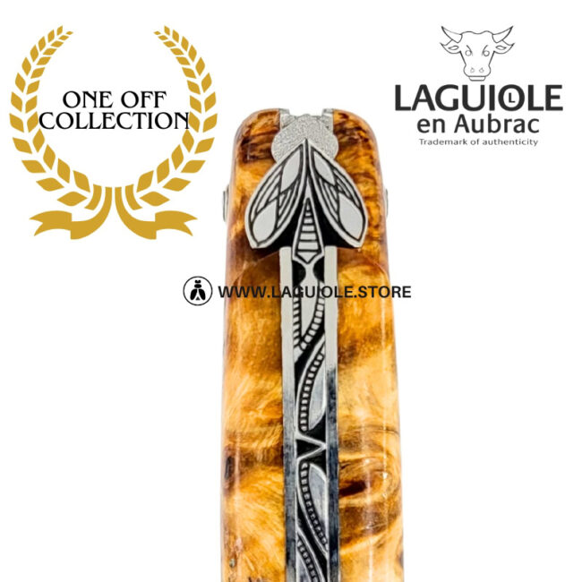 sketch of flight : laguiole knife in figured poplar – bee and chiseled spring