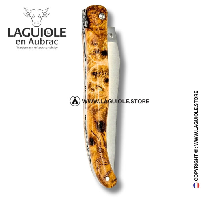 sketch of flight : laguiole knife in figured poplar – bee and chiseled spring