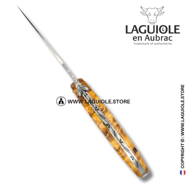 sketch of flight : laguiole knife in figured poplar – bee and chiseled spring