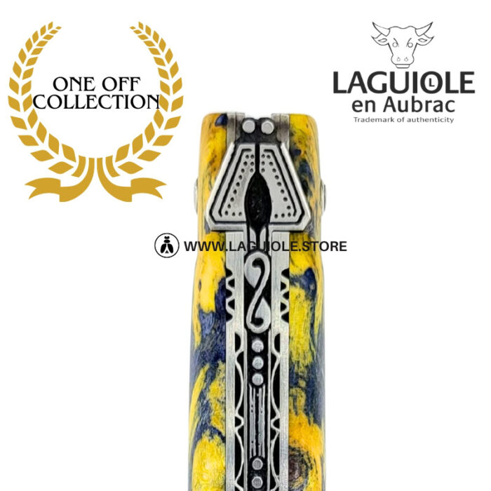 spirit of the temple: laguiole pocket knife in yellow and grey chestnut burl – full handle – double engraved liners