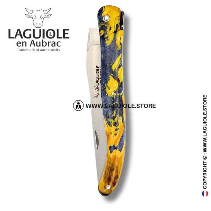 spirit of the temple: laguiole pocket knife in yellow and grey chestnut burl – full handle – double engraved liners