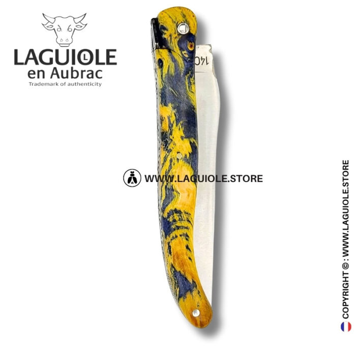 spirit of the temple: laguiole pocket knife in yellow and grey chestnut burl – full handle – double engraved liners