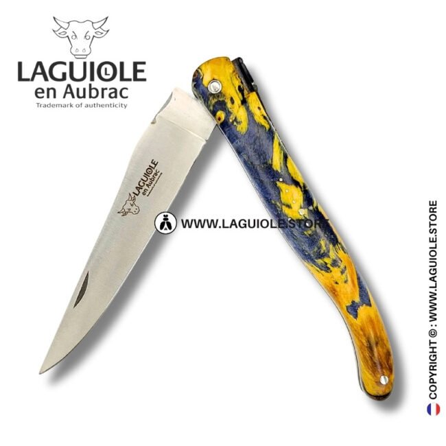spirit of the temple: laguiole pocket knife in yellow and grey chestnut burl – full handle – double engraved liners