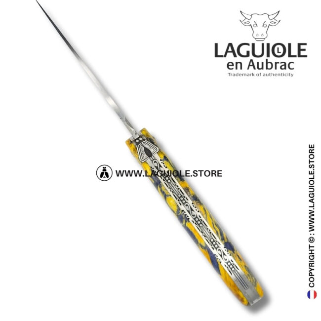 spirit of the temple: laguiole pocket knife in yellow and grey chestnut burl – full handle – double engraved liners