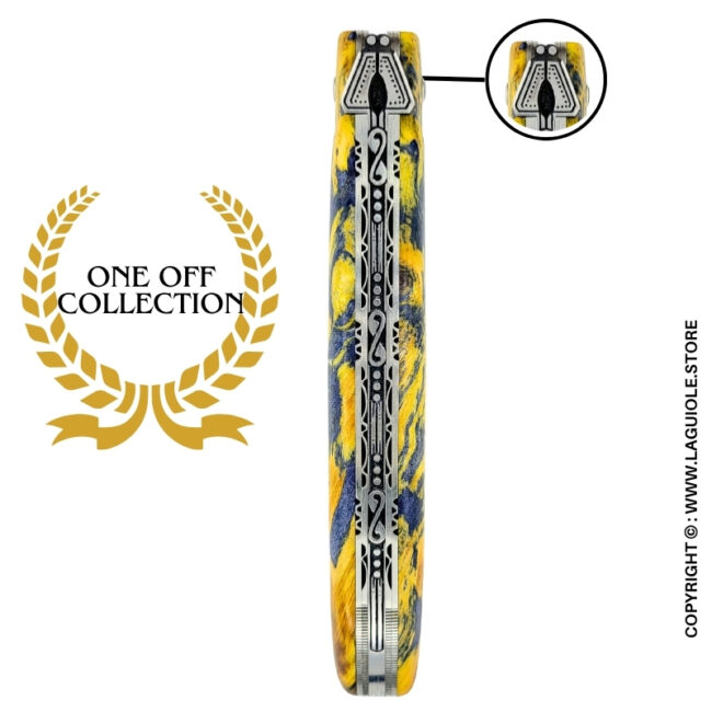 spirit of the temple: laguiole pocket knife in yellow and grey chestnut burl – full handle – double engraved liners