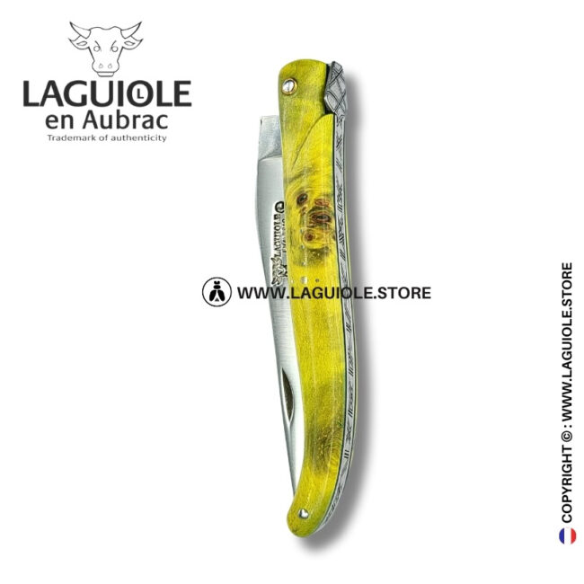 emerald glyphs: laguiole pocket knife in green poplar burl – full handle