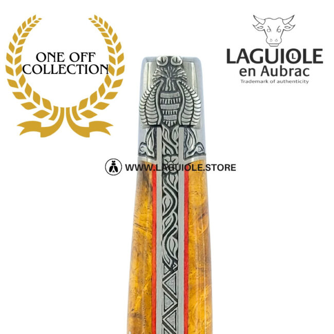 ivy’s embrace: laguiole pocket knife in golden amboina burl – sculpted bee, engraved bolsters and spring