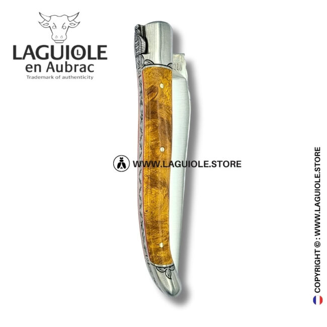 ivy’s embrace: laguiole pocket knife in golden amboina burl – sculpted bee, engraved bolsters and spring