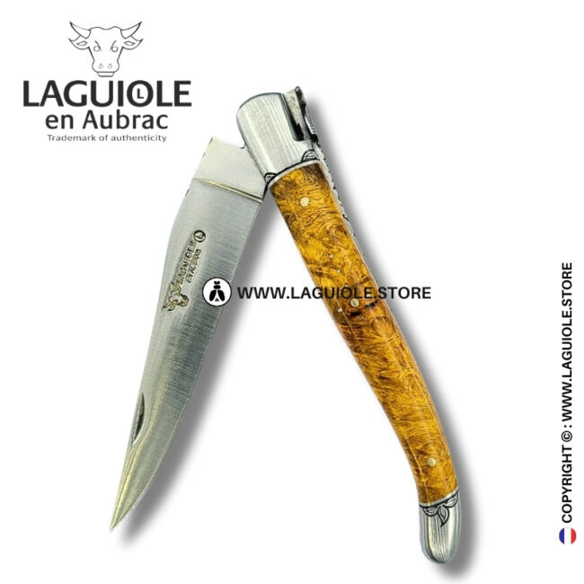 ivy’s embrace: laguiole pocket knife in golden amboina burl – sculpted bee, engraved bolsters and spring