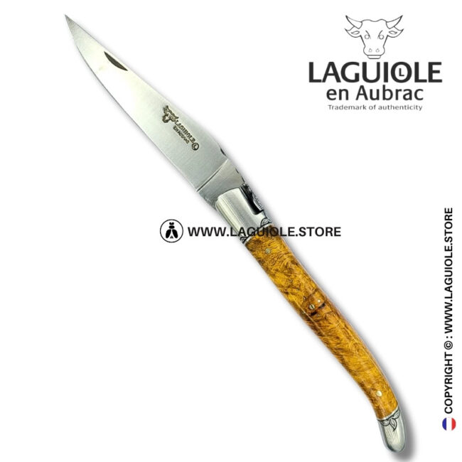 ivy’s embrace: laguiole pocket knife in golden amboina burl – sculpted bee, engraved bolsters and spring