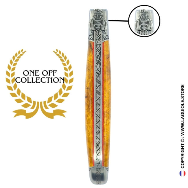 ivy’s embrace: laguiole pocket knife in golden amboina burl – sculpted bee, engraved bolsters and spring