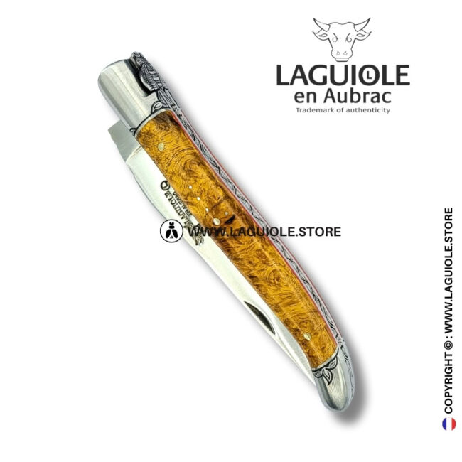 ivy’s embrace: laguiole pocket knife in golden amboina burl – sculpted bee, engraved bolsters and spring