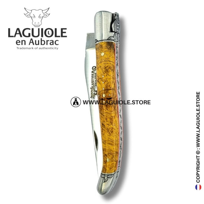 ivy’s embrace: laguiole pocket knife in golden amboina burl – sculpted bee, engraved bolsters and spring