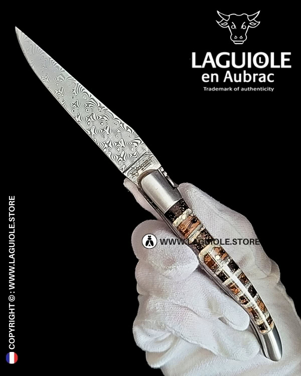 laguiole pocket knife – damascus balbach blade & double liners – brown mammoth molar
