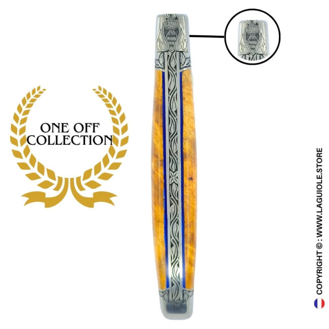 amboina radiance: laguiole pocket knife in golden amboina burl – sculpted bee, engraved bolsters and spring