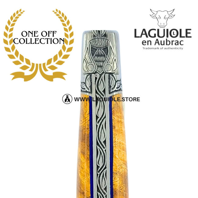 amboina radiance: laguiole pocket knife in golden amboina burl – sculpted bee, engraved bolsters and spring