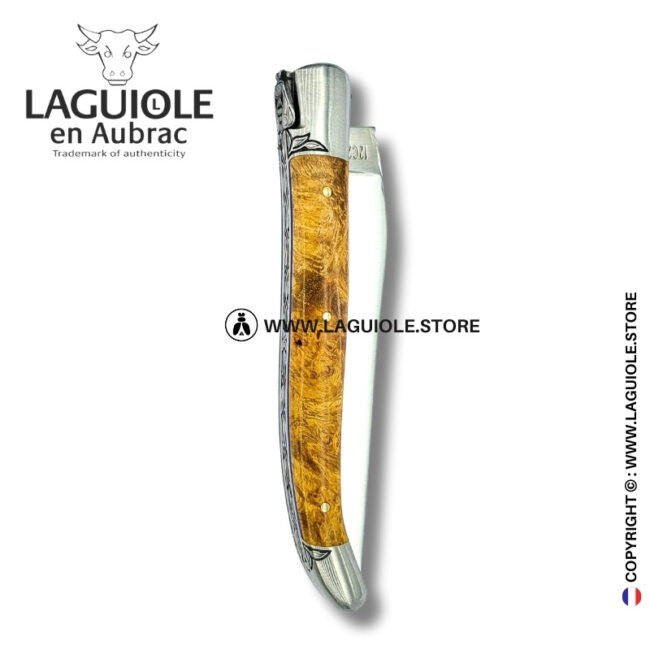 amboina radiance: laguiole pocket knife in golden amboina burl – sculpted bee, engraved bolsters and spring