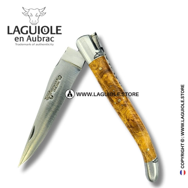amboina radiance: laguiole pocket knife in golden amboina burl – sculpted bee, engraved bolsters and spring