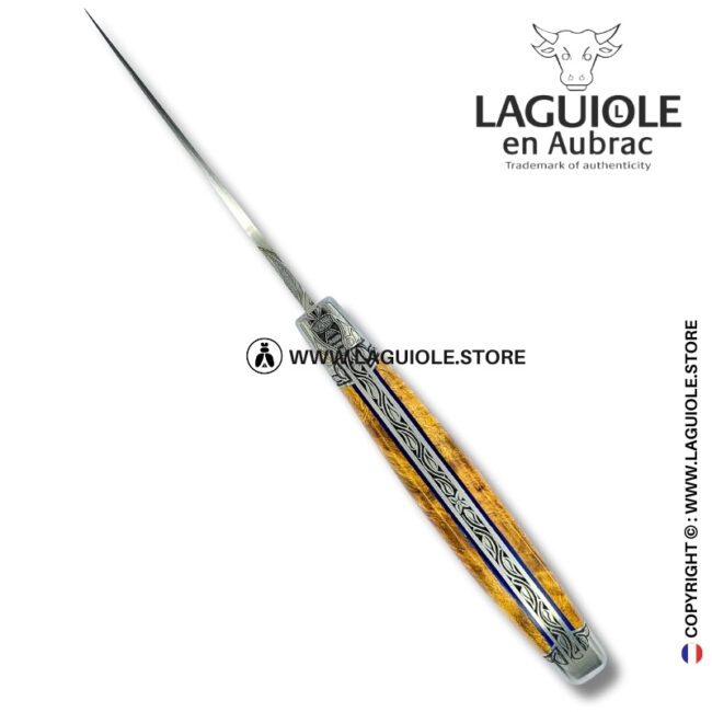 amboina radiance: laguiole pocket knife in golden amboina burl – sculpted bee, engraved bolsters and spring