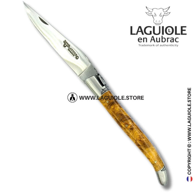 amboina radiance: laguiole pocket knife in golden amboina burl – sculpted bee, engraved bolsters and spring