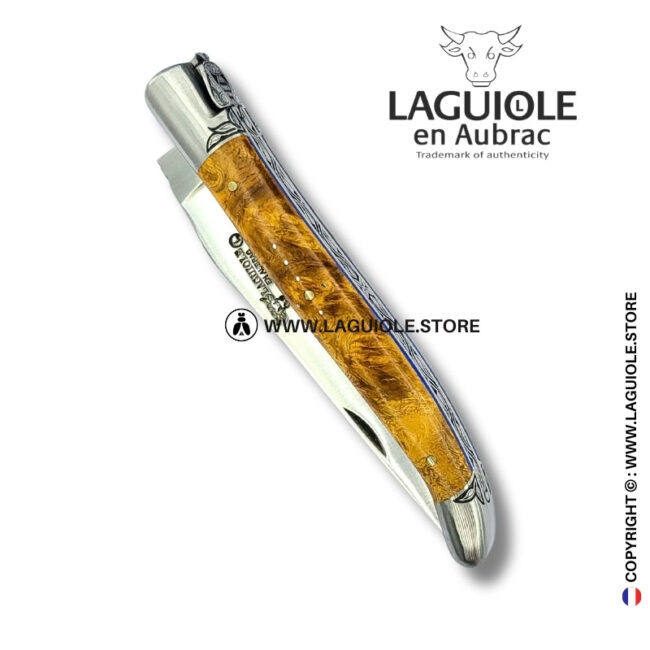 amboina radiance: laguiole pocket knife in golden amboina burl – sculpted bee, engraved bolsters and spring