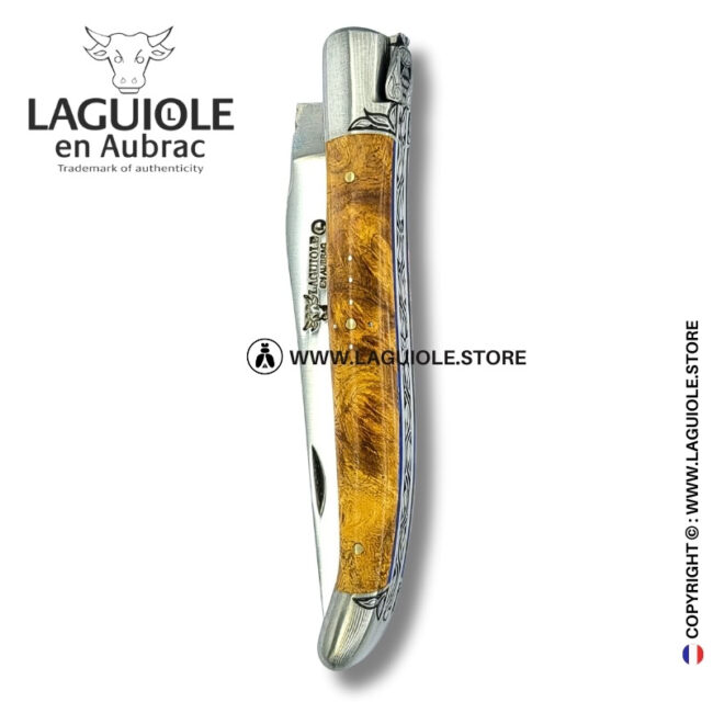 amboina radiance: laguiole pocket knife in golden amboina burl – sculpted bee, engraved bolsters and spring